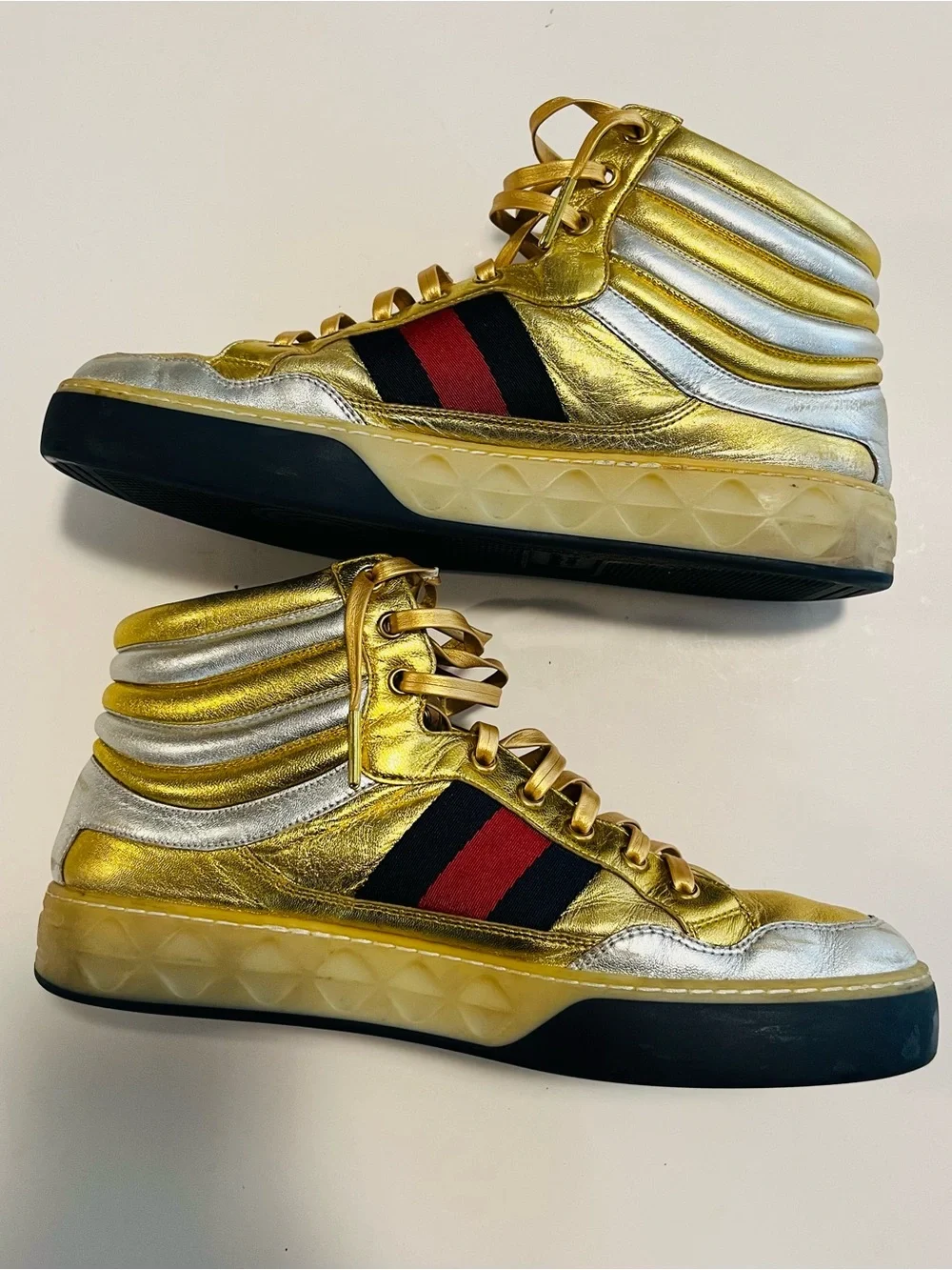 Gucci Men’s Metallic Gold Leather High Top Sneakers Size 8.5